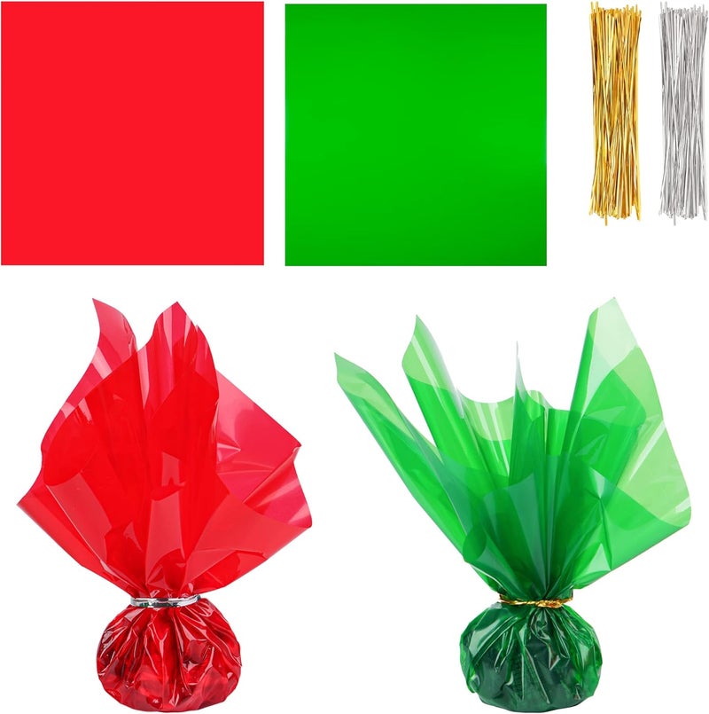 Shitailu 200Pcs Cellophane Sheets Christmas Plastic Wrap 2 Mix Colors Translucent Holiday Color Green, Red for Easter X-Mas Valentines DIY Craft Present Wrap Treats, Baskets, 12 x 12 inch (Christmas) - Image 1